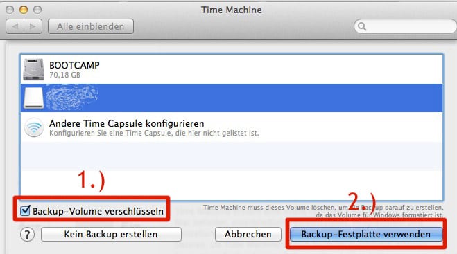 Automatische Backup mit automatischer Sicherung erstellen: Time Machine Volume wählen.